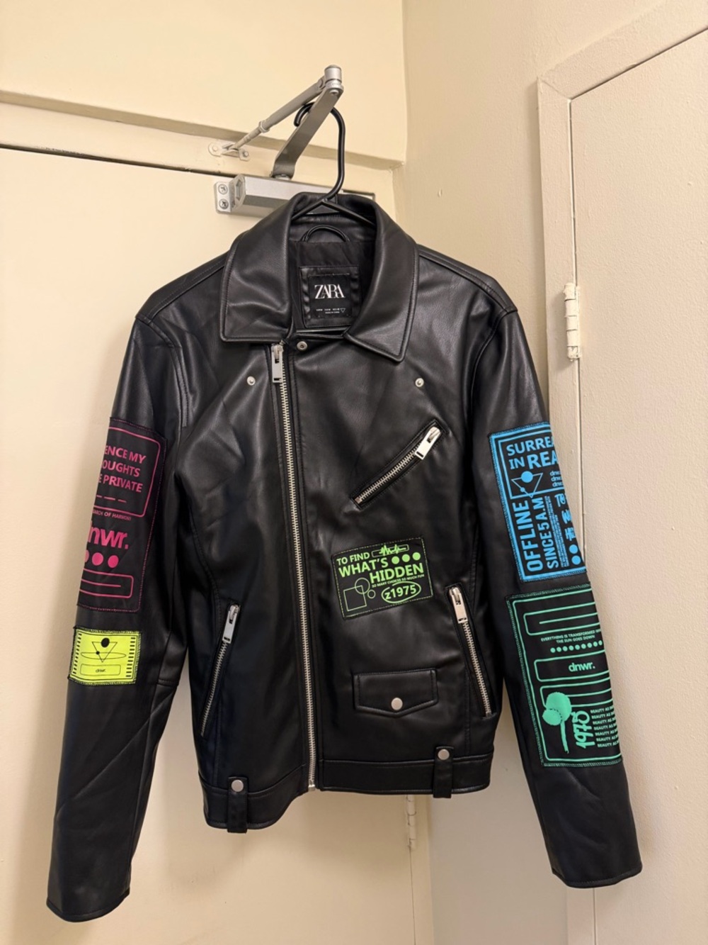 Zara Black Faux Leather Bomber Jacket with Neon Patch Details